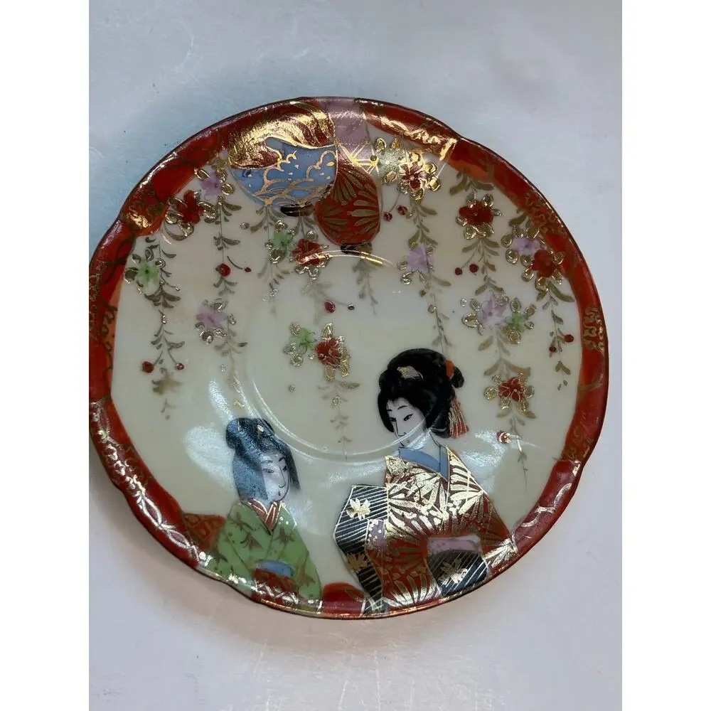 Vintage Japanese Porcelain Geisha Saucers Trinket Bowls Kutani Style Set 2